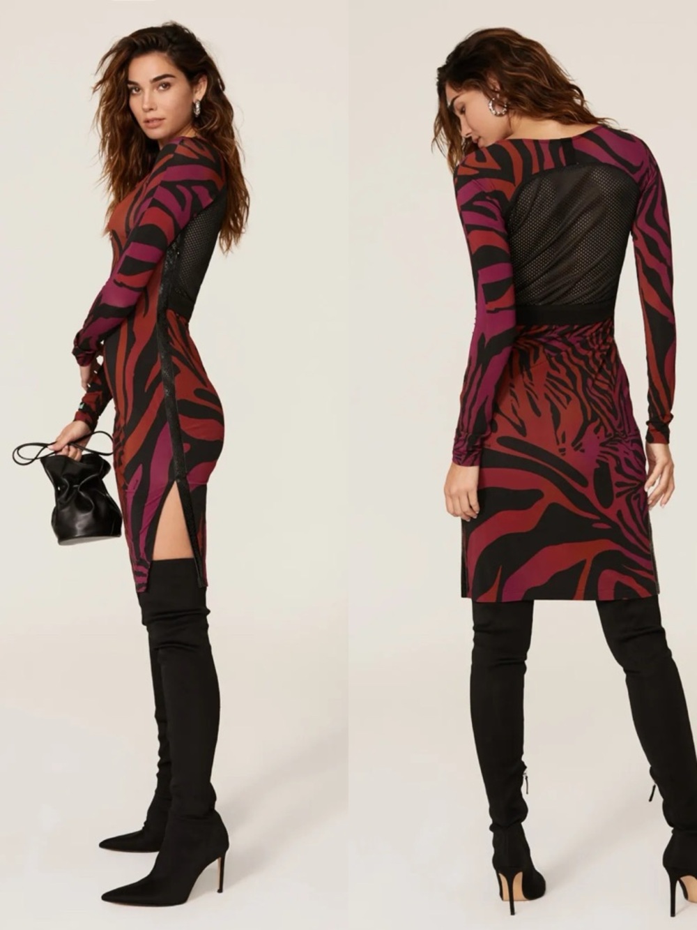 KOCHE' Zebra Striped Mini Dress L Stretch Mesh Back Leather Stripe Side Bodycon